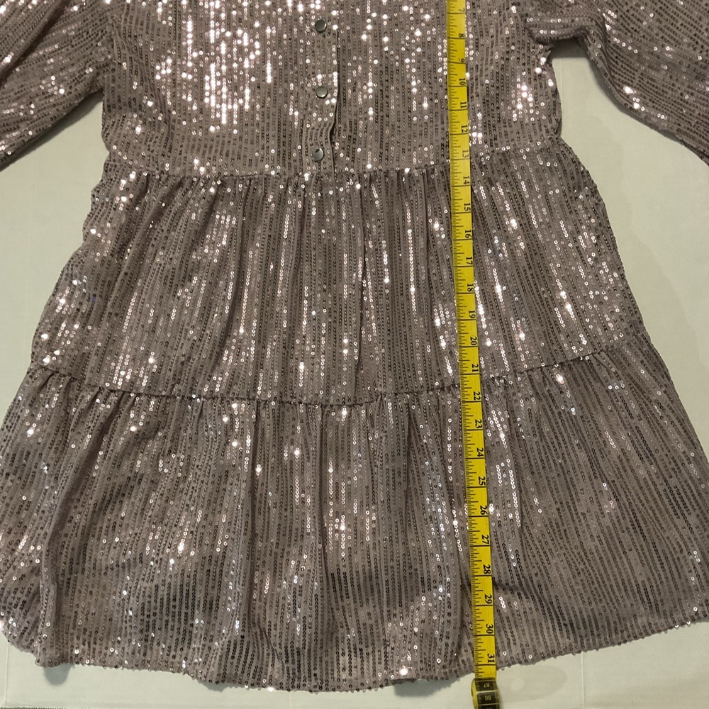 Anthropologie Maeve Bettina Sequin Tiered Mini Shirt Dress Silver - Picture 3 of 10